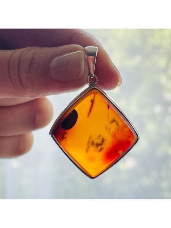 Jewelry - RAW MATTE COGNAC AMBER DIAMOND SHAPE STERLING SILVER VINTAGE PENDANT INC…